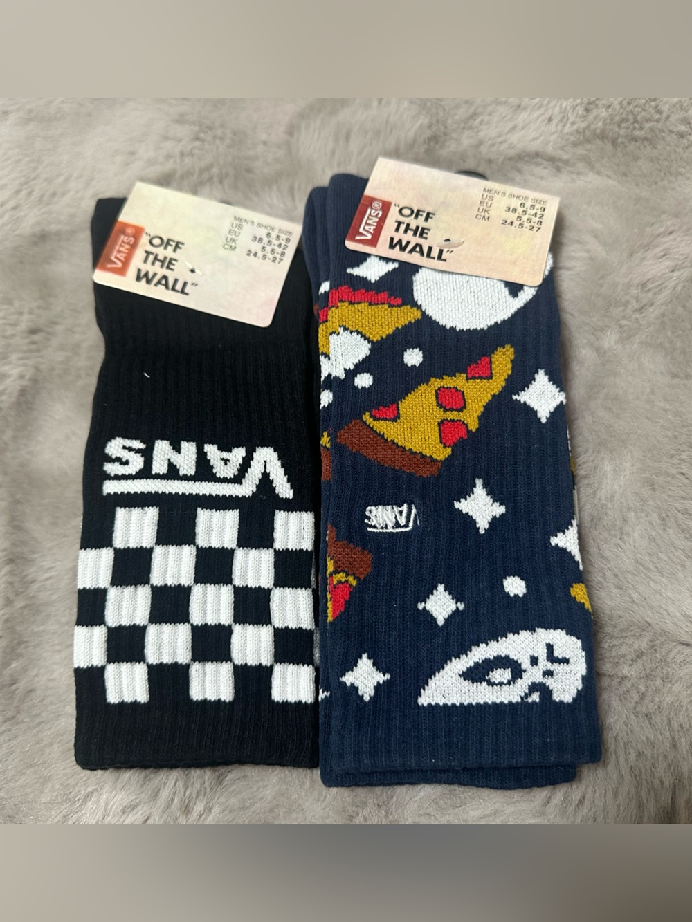 NWT Vans Crew Socks - Checkerboard & Pizza/Space Print 2 pairs